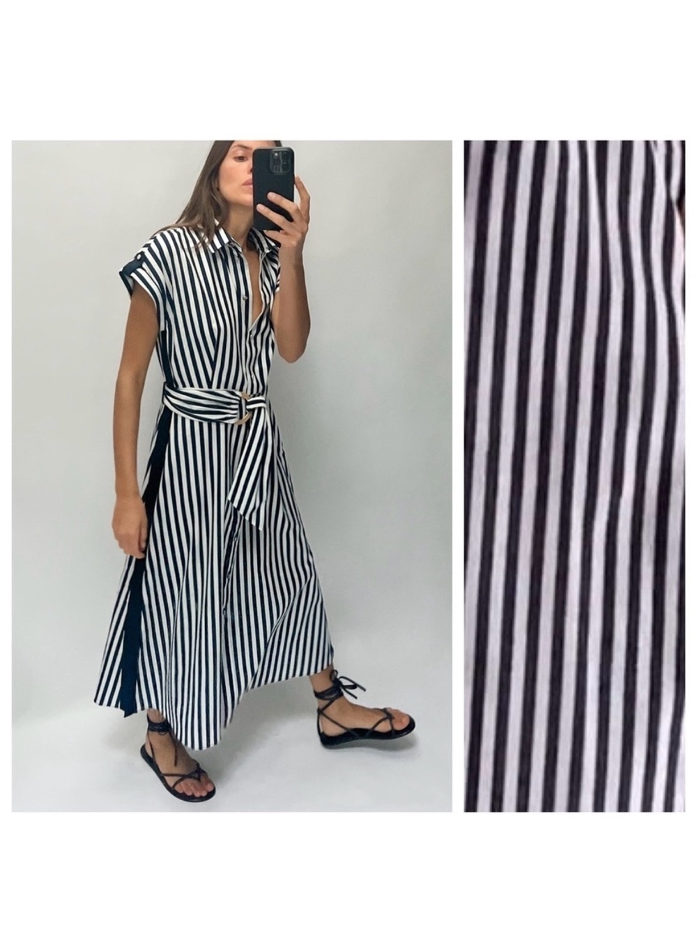 Zara Dress Navy and White Striped Button Down Collared Dress Medium Cotton Linen